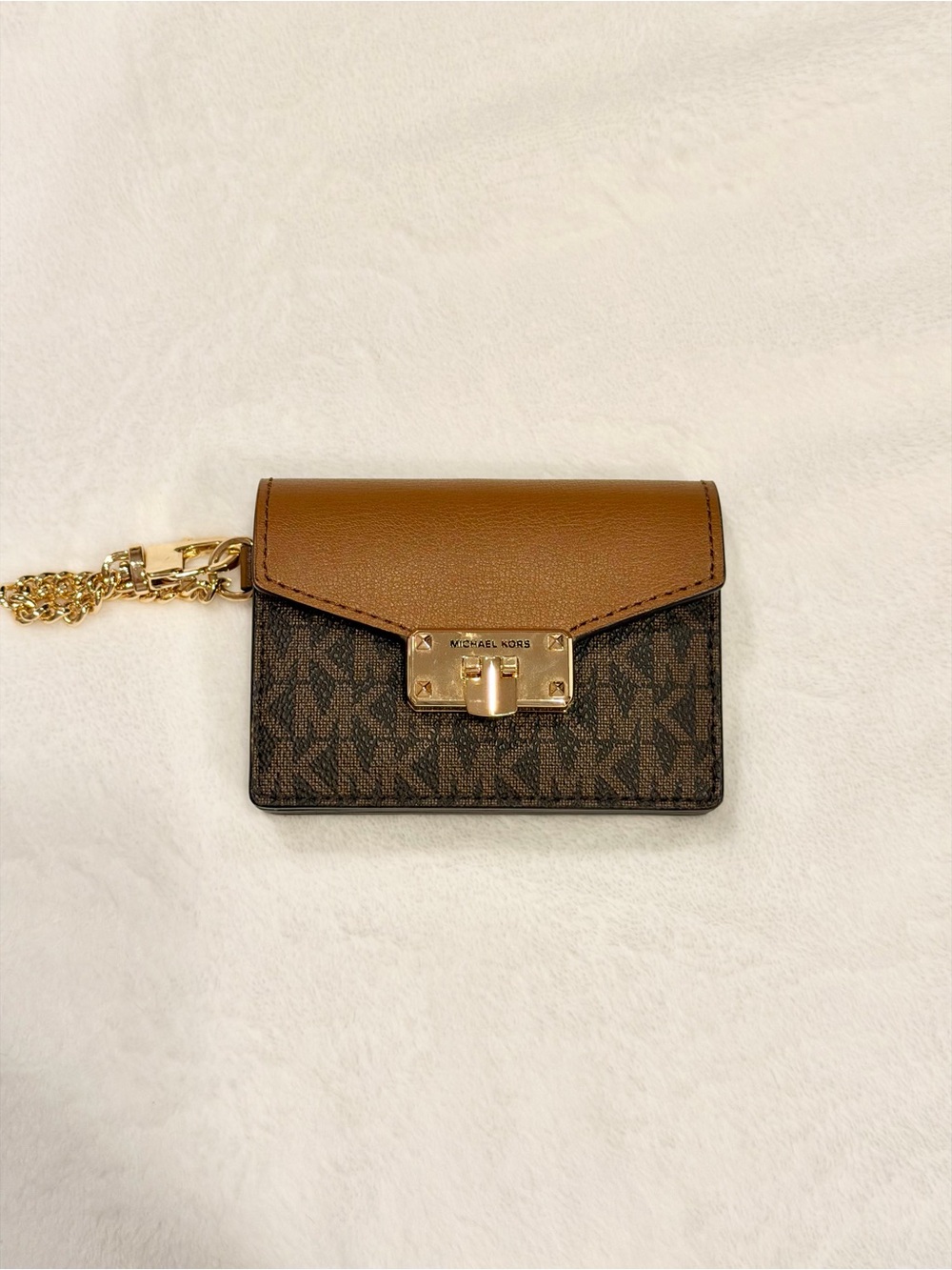 Michael Kors Brown & Dark Brown Monogram Card Case with Gold Chain